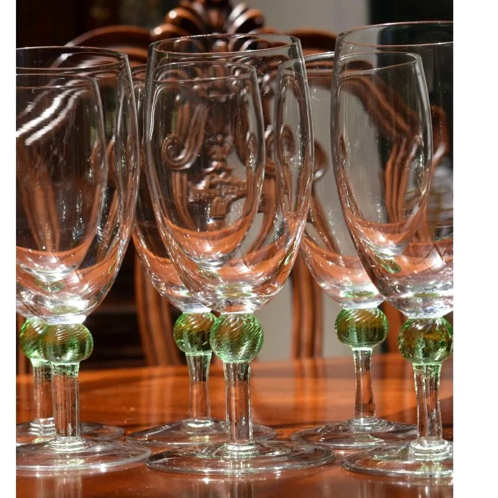 Set of 6 Vintage Green Spiral Ball Stem Wine Goblets Hand Blown Clear Bowl 7.5in